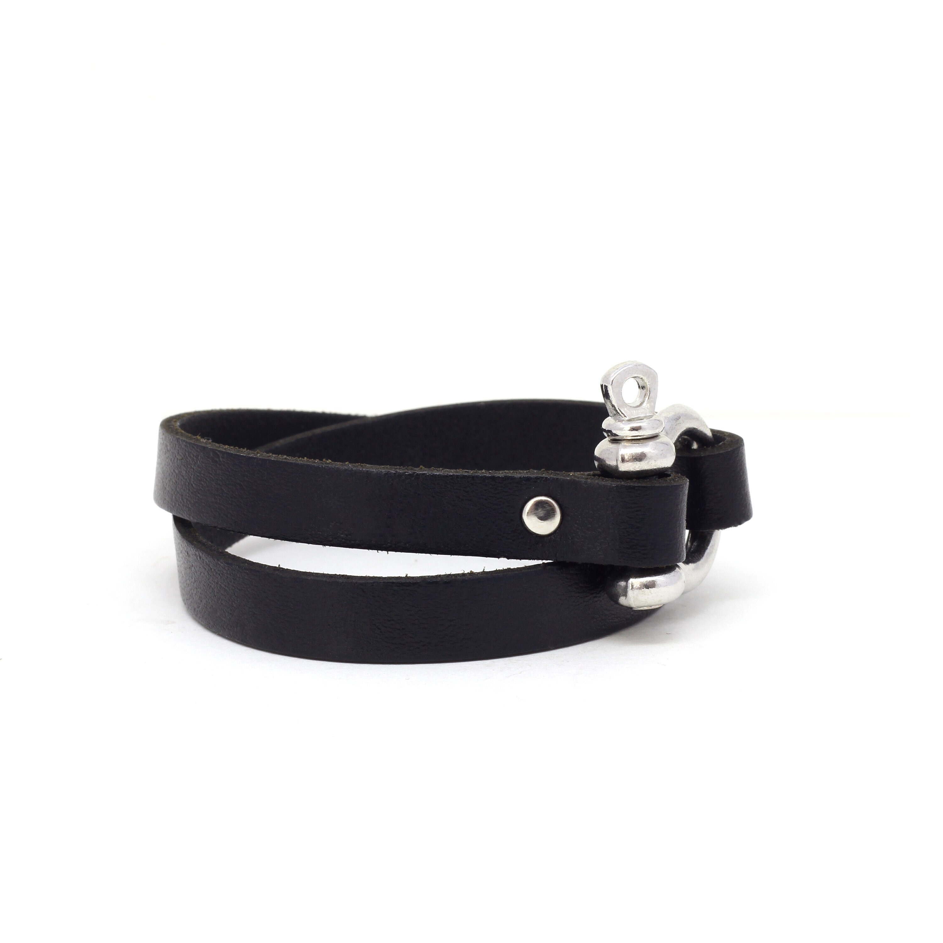 Black Leather Shackle Bracelet, Leather Wrap Bracelet for