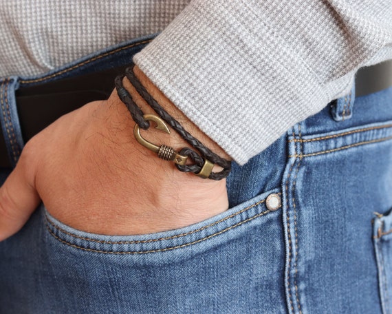 Braided Leather Wrap Fishhook Bracelet, Nautical Fish Hook Bracelet,  Father's Day Gift for Dad, Braided Leather Wrap Bracelet, Gift for Him