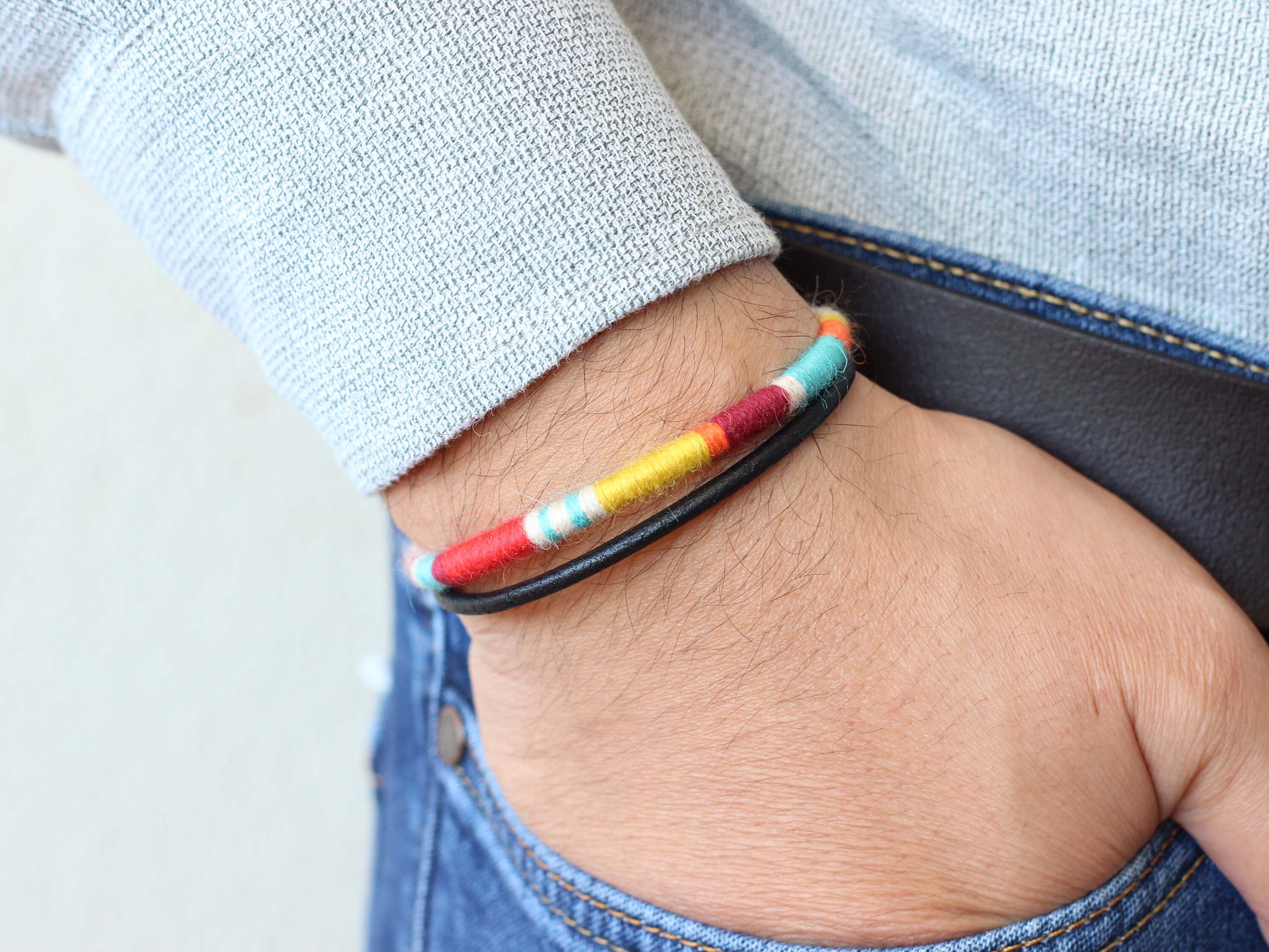 Colorful Woven Hippie Bracelet Mens Leather Bracelet Surfer Etsy