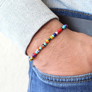 Mens Beaded Bracelet, Colorful Rainbow Beaded Evil Eye Bracelet, Colorful Beaded Rainbow Bracelet for Men, Mens Bracelet, Gift for Him image 6