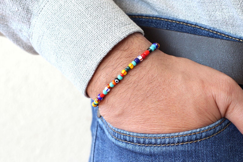 Mens Beaded Bracelet, Colorful Rainbow Beaded Evil Eye Bracelet, Colorful Beaded Rainbow Bracelet for Men, Mens Bracelet, Gift for Him image 6