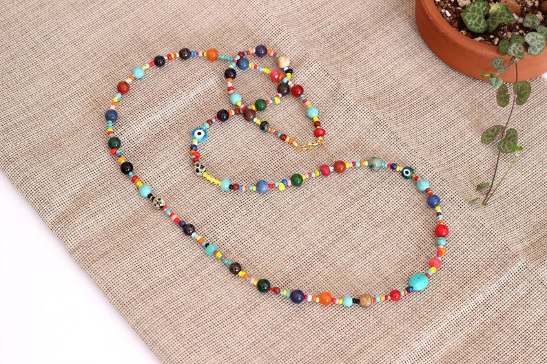 Colorful Beaded Long Gemstone Necklace, Rainbow Beaded Semi Precious Stone Necklace, Hippie Necklace, Multi Color Natural Stones image 2
