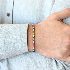 Mens Beaded Bracelet, Colorful Rainbow Beaded Evil Eye Bracelet, Colorful Beaded Rainbow Bracelet for Men, Mens Bracelet, Gift for Him image 2