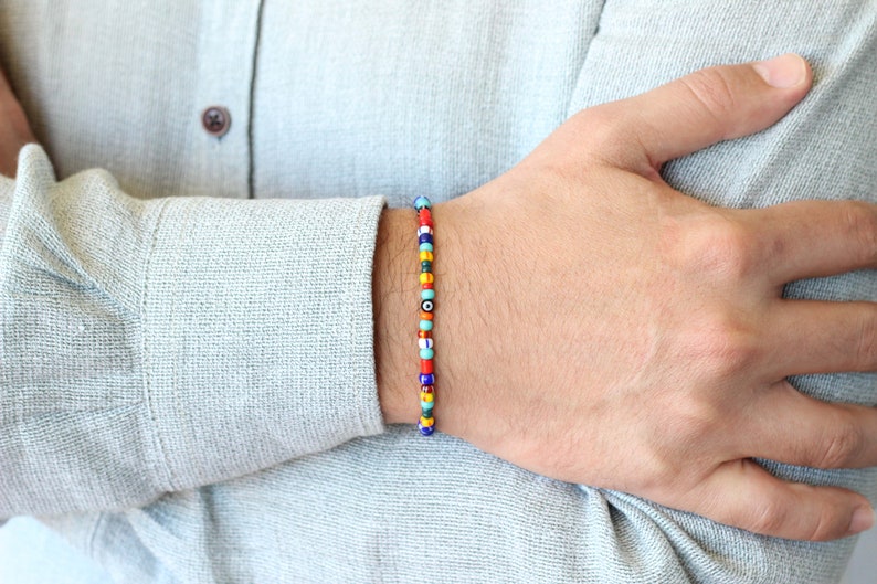 Mens Beaded Bracelet, Colorful Rainbow Beaded Evil Eye Bracelet, Colorful Beaded Rainbow Bracelet for Men, Mens Bracelet, Gift for Him image 2