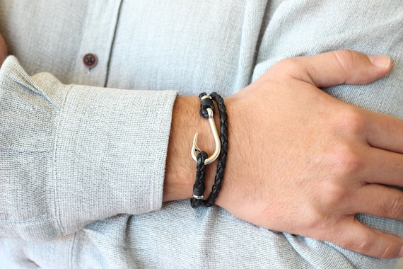 Braided Leather Wrap Fish Hook Bracelet, Mens Braided Bracelet, Black Leather Nautical Bracelet, Fishing Gift for Dad, Fathers Day Gift