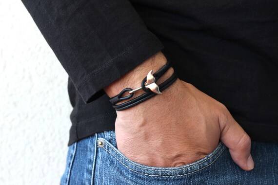 Black Leather Wrap Bracelet Men Nautical Mens Leather Bracelet Whale Tail Bracelet Black Leather Mens Bracelet Mens Jewelry