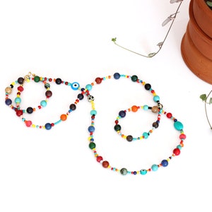 Bunte Perlen Lange Edelstein Halskette, Regenbogen Perlen Halbedelstein Halskette, Hippie Halskette, Mehrfarbige Natursteine Bild 3