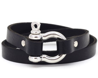 Black Leather Shackle Bracelet, Leather Wrap Bracelet for