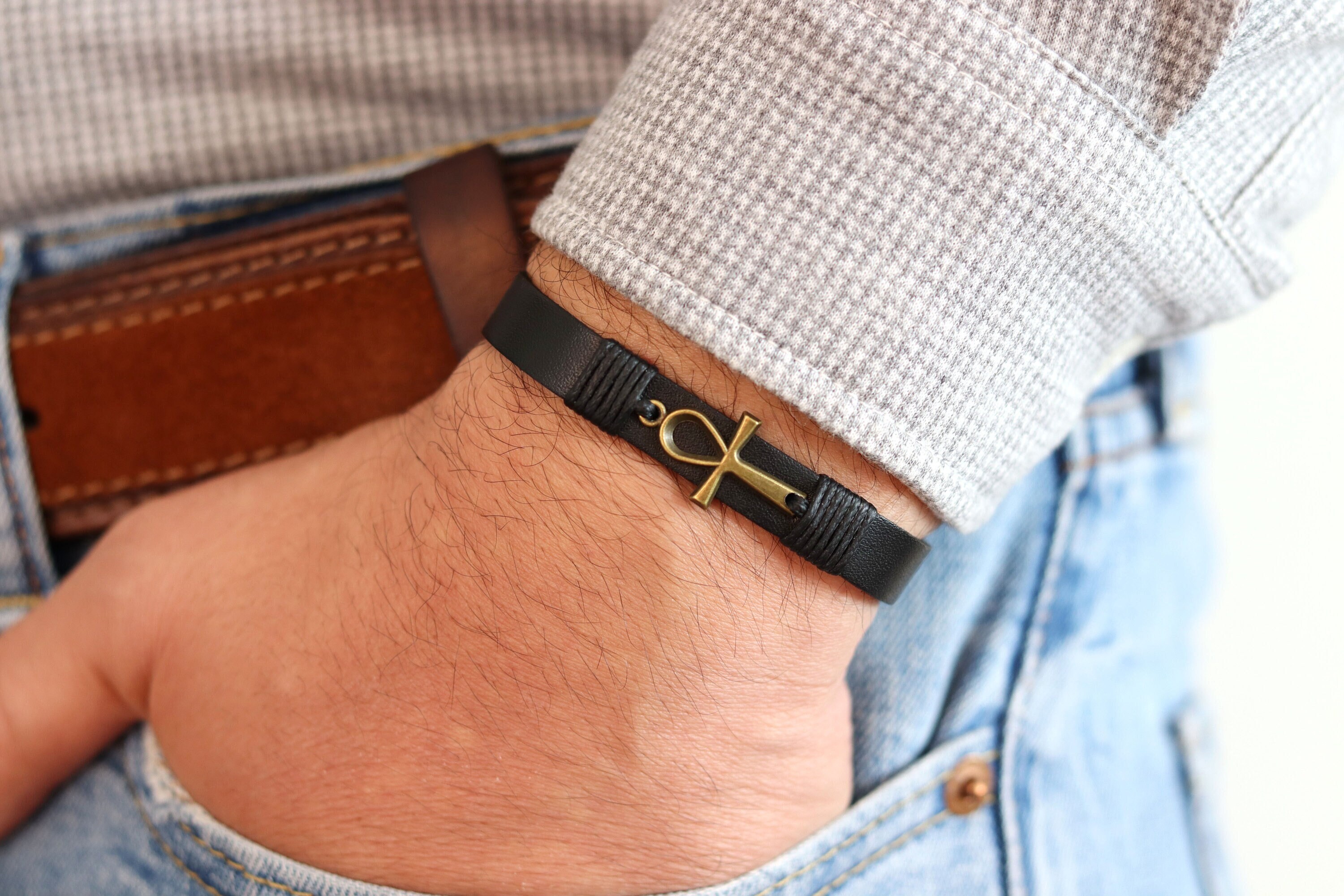 The Key of Life Ankh Bracelet, Black Leather Ankh Cross Bracelet, Ancient Egyptian Ankh Symbol, Thin Leather Cuff, Gift for Men Women