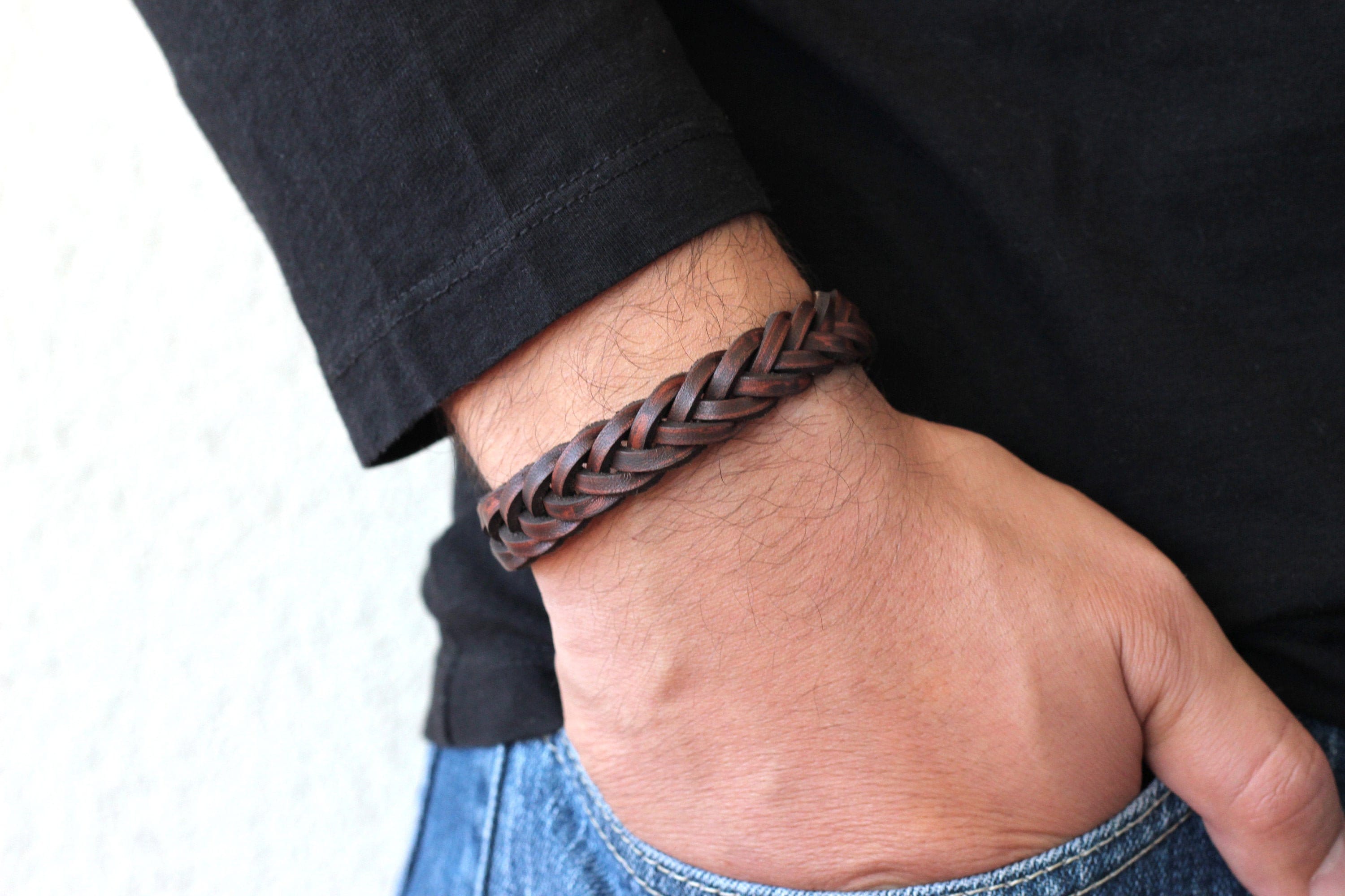 Braided Leather Bracelet Men, Rustic Leather Mens Bracelet, Gift for Him,  Birthday Gift, Mens Leather Jewelry 