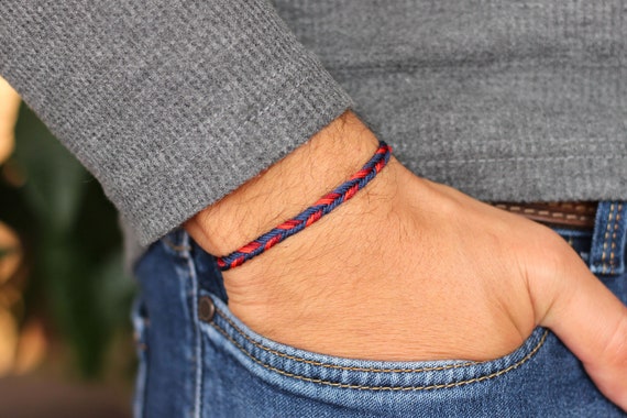 Navy Blue and Red Braided Mens Nautical Bracelet, String Bracelet