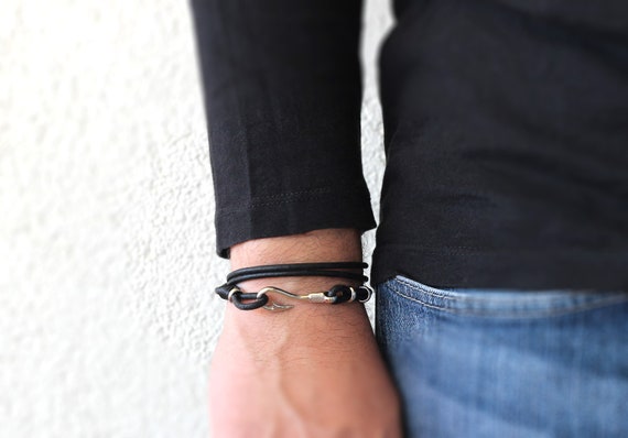 Black Leather Wrap Fishhook Bracelet Men, Mens Leather Bracelet, Fish Hook Bracelet, Nautical Bracelet, Sailor Bracelet