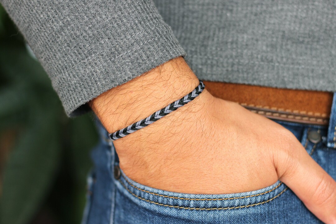 Black and Gray Braided String Chevron Bracelet, Mens Friendship