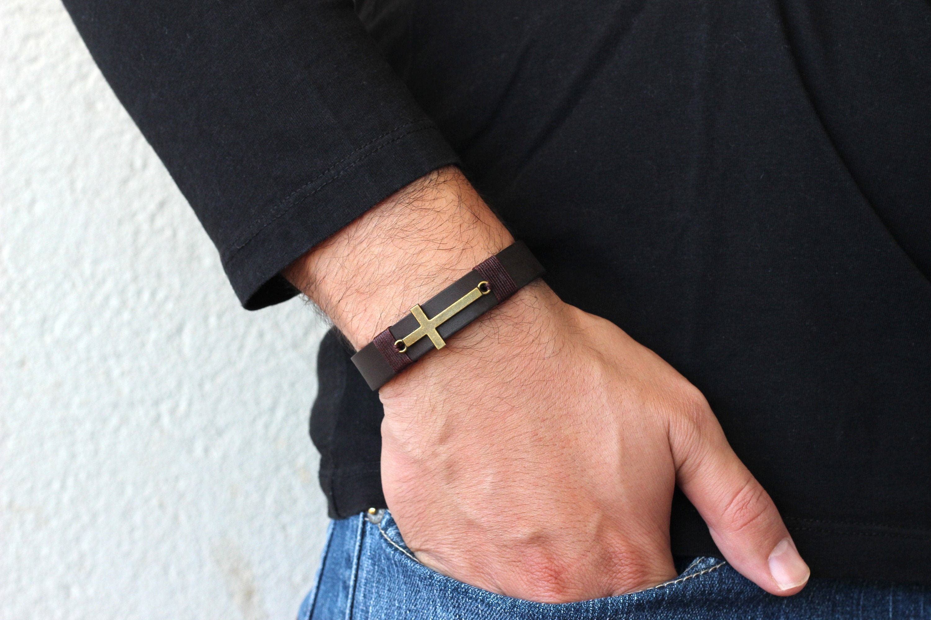 Leather cross bracelet deals