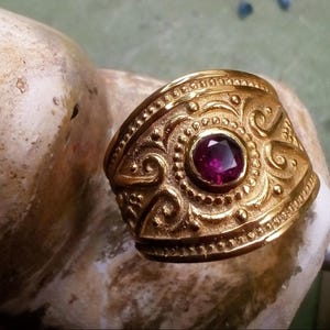 Byzantine Ring - Name: Efsebia, Patterns Ring with Stone, Vintage Ring, Byzantine Band, Gold plated Silver 925 Ring, Greek Handmade Jewelry