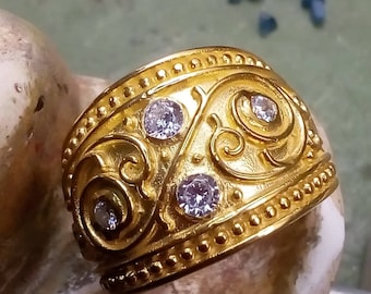 Handmade Gold Plated Sterling Silver Byzantine Ring with Cubic Zirconia, Bijoux grec, Valeria Ring