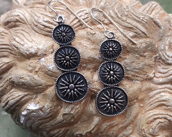 Boucles d'oreilles pendantes étoile de Vergina en argent sterling oxydé, bijoux grecs anciens