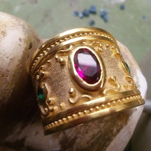Byzantine Ring - Name: Asanina Ring - with Red and green Cubic Zirconia Sterling silver Gold plated, Byzantine Jewelry, Greek jewelry