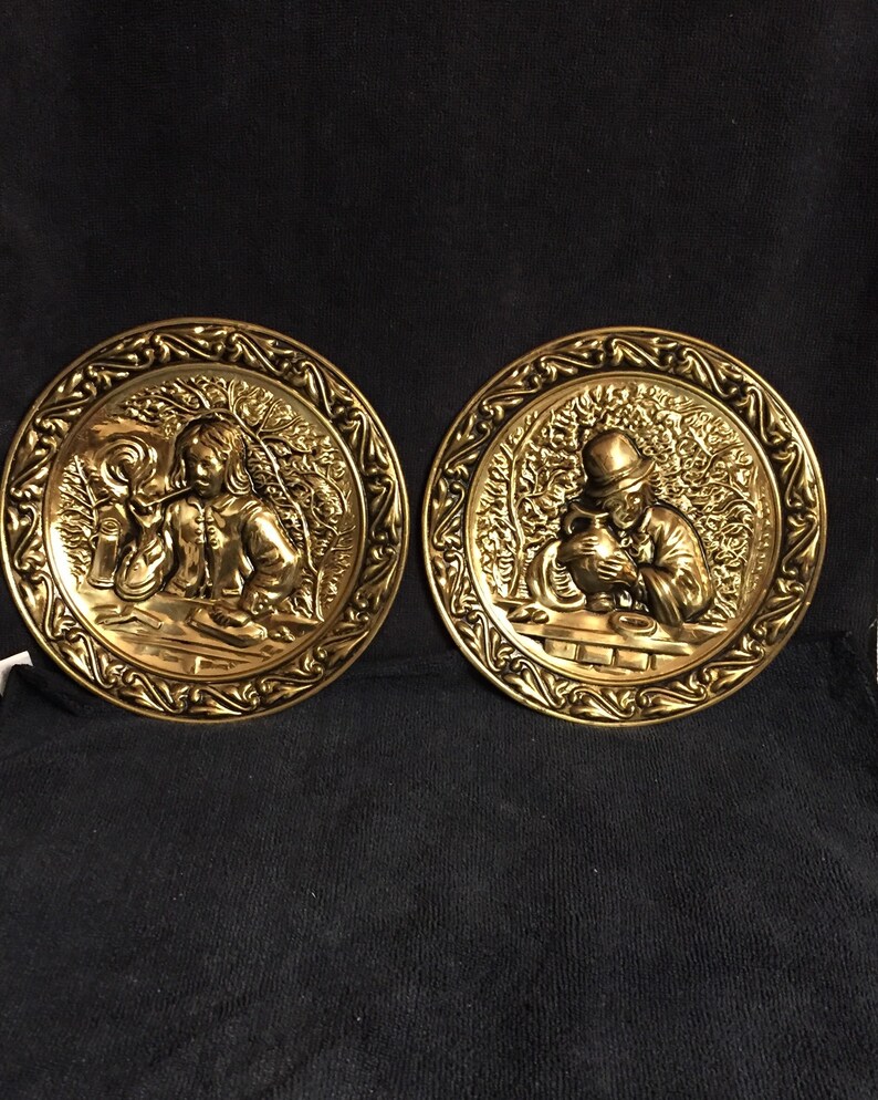 Pair of Embossed Brass Wall Plates from Mid Century 1950's Etsy.de
