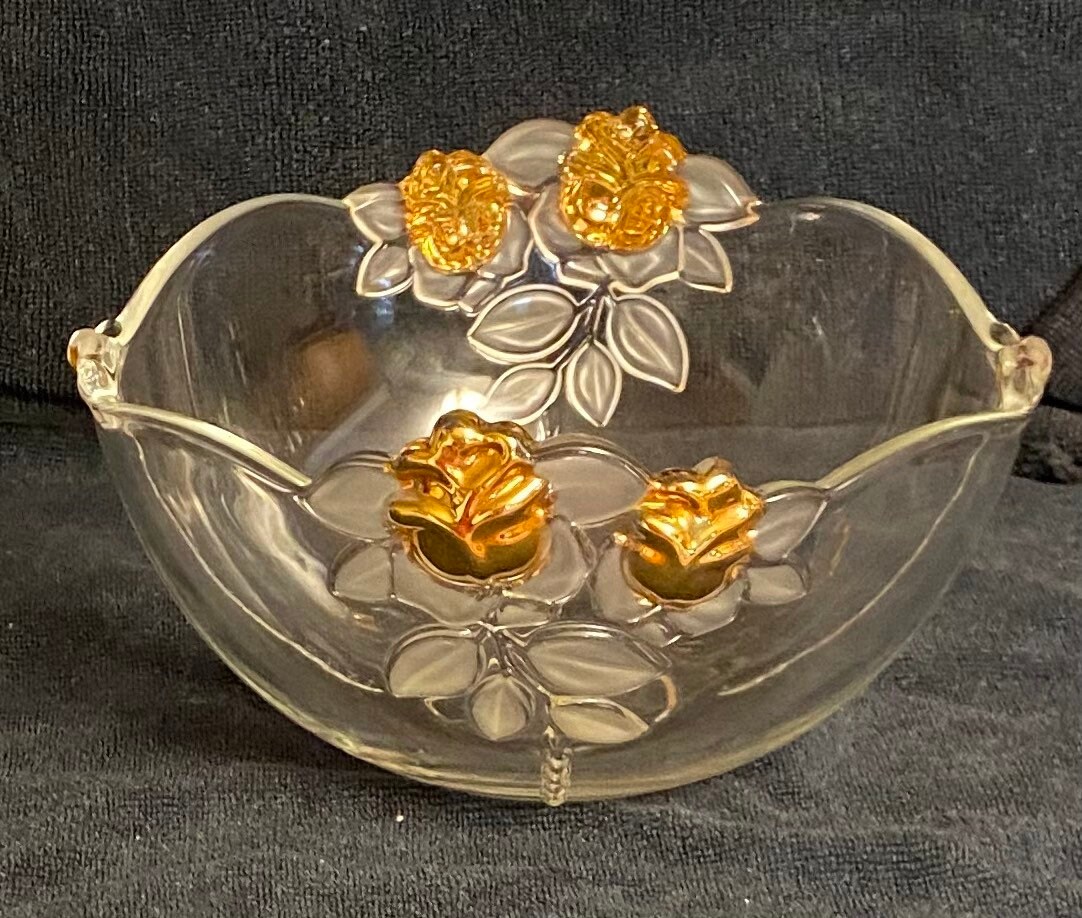 Vintage round glass bowl with gold flowers Etsy