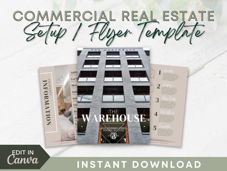 K&ouml;nnte beinhalten: Eine Flyer-Vorlage f&uuml;r Gewerbeimmobilien mit einem Foto eines Backsteingeb&auml;udes mit dem Text "THE WAREHOUSE" und der Adresse "2591 STEINWAY STREET ASTORIA NY 11103". Der Flyer enth&auml;lt auch eine Checkliste mit den &Uuml;berschriften "Ausstattung", "Gr&ouml;&szlig;e", "Preis/Kosten", "Nachbarschaft" und "Wettbewerb".