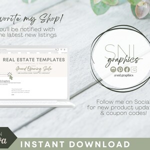 K&ouml;nnte beinhalten: Ein Laptop-Bildschirm zeigt eine Etsy-Shop-Anzeige f&uuml;r Immobilienvorlagen. Die Anzeige ist f&uuml;r gewerbliche und private Immobilienvorlagen und ist im Angebot. Der Text "Grand Opening Sale" wird in gro&szlig;en, fetten Buchstaben angezeigt. Der Text "USE COUPON CODE "TIGHT" AT CHECKOUT" wird unter dem Verkaufstext angezeigt. Die Anzeige stammt aus dem Etsy-Shop "SNLGraphics". Der Text "Favorite my Shop! You'll be notified with the latest new listings" wird &uuml;ber dem Laptop-Bildschirm angezeigt. Der Text "EDIT IN Canva INSTANT DOWNLOAD" wird unter dem Laptop-Bildschirm angezeigt. Ein Kreis mit dem Text "SN graphics" wird rechts neben dem Laptop-Bildschirm angezeigt. Der Text "Follow me on Social for new product updates & coupon codes!" wird unter dem Kreis angezeigt.