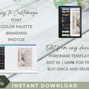 K&ouml;nnte beinhalten: Ein digitales Mockup einer Canva-Vorlage f&uuml;r einen Social-Media-Beitrag. Die Vorlage ist in einem hellen Beige gehalten und zeigt ein Foto eines Schlafzimmers mit dem Text "INFORMATION" in dunkelgrauer Schrift. Die Vorlage wird auf einem Laptop und einem Tablet angezeigt. Der Text "Von jedem Ger&auml;t bearbeiten" ist in wei&szlig;er Schrift auf einem hellbeigen Kreis geschrieben. Der Text "VORLAGE KAUFEN" ist in dunkelgrauer Schrift geschrieben. Der Text "IN Canva KOSTENLOS BEARBEITEN" ist in dunkelgrauer Schrift geschrieben. Der Text "EINMAL KAUFEN UND WIEDERVERWENDEN!" ist in dunkelgrauer Schrift geschrieben. Der Text "SOFORTIGER DOWNLOAD" ist in dunkelgrauer Schrift geschrieben. Der Text "IN Canva BEARBEITEN" ist in dunkelgrauer Schrift auf einem gr&uuml;nen Rechteck geschrieben.