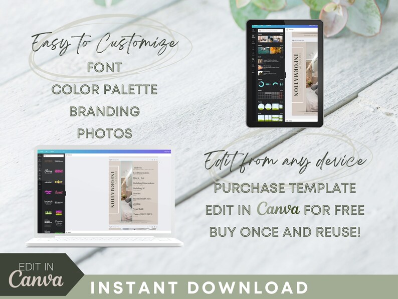 K&ouml;nnte beinhalten: Ein digitales Mockup einer Canva-Vorlage f&uuml;r einen Social-Media-Beitrag. Die Vorlage ist in einem hellen Beige gehalten und zeigt ein Foto eines Schlafzimmers mit dem Text "INFORMATION" in dunkelgrauer Schrift. Die Vorlage wird auf einem Laptop und einem Tablet angezeigt. Der Text "Von jedem Ger&auml;t bearbeiten" ist in wei&szlig;er Schrift auf einem hellbeigen Kreis geschrieben. Der Text "VORLAGE KAUFEN" ist in dunkelgrauer Schrift geschrieben. Der Text "IN Canva KOSTENLOS BEARBEITEN" ist in dunkelgrauer Schrift geschrieben. Der Text "EINMAL KAUFEN UND WIEDERVERWENDEN!" ist in dunkelgrauer Schrift geschrieben. Der Text "SOFORTIGER DOWNLOAD" ist in dunkelgrauer Schrift geschrieben. Der Text "IN Canva BEARBEITEN" ist in dunkelgrauer Schrift auf einem gr&uuml;nen Rechteck geschrieben.