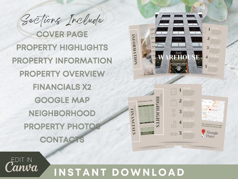 K&ouml;nnte beinhalten: Eine digitale Marketingvorlage f&uuml;r Immobilienmakler. Die Vorlage enth&auml;lt eine Titelseite, Highlights der Immobilie, Informationen zur Immobilie, eine &Uuml;bersicht der Immobilie, Finanzdaten, eine Google Map, Informationen zur Nachbarschaft, Fotos der Immobilie und Kontaktinformationen. Die Vorlage ist f&uuml;r die Verwendung mit Canva konzipiert.