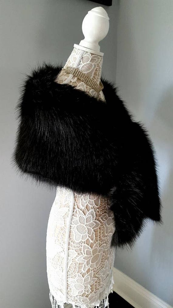 Faux Fur Stole FAUX BLACK FOX Fur Stole Wrap Cape Etsy