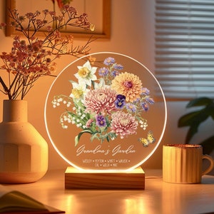 Omas Garten Geburtsmonat Blume Personalisiertes LED Nachtlicht, Muttertagsgeschenk für Oma Mama