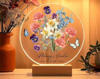 Personalisiertes Omas Garten-LED-Nachtlicht, individuelles Geburtsmonat-Blumen-Familien-Nachtlicht, Geburtstag, Muttertagsgeschenk für Oma Mama