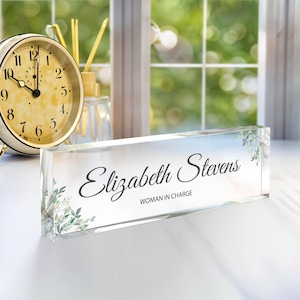 Custom Flowers Design Clear Acrylic Glass Office Desk Name Plate Personalized Name Plate Office Desk Decoration Coworker Gift