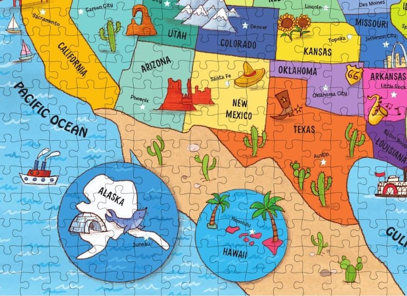 May include: A colorful illustrated map of the United States with each state labeled. The map includes Alaska and Hawaii as separate insets. The map is made up of puzzle pieces.