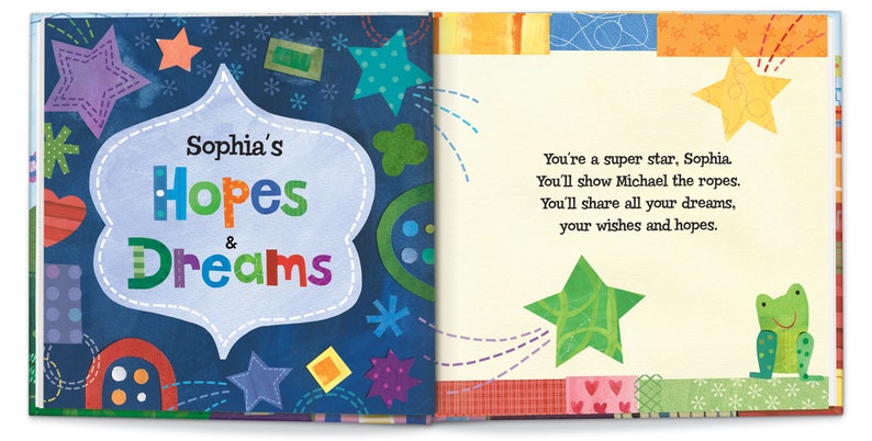 May include: A blue book with a colorful design on the cover. The title of the book is "Sophia's Hopes & Dreams". The text on the right page reads "You're a super star, Sophia. You'll show Michael the ropes. You'll share all your dreams, your wishes and hopes."