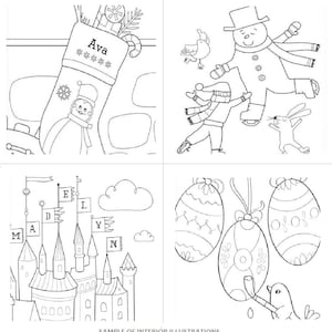 May include: A black and white coloring page featuring four different holiday scenes. The top left scene shows a stocking with a snowman and the name Ava. The top right scene shows a snowman ice skating with a rabbit and a person. The bottom left scene shows a castle with flags that spell out the word "MONDAY". The bottom right scene shows three eggs with a bird holding a paintbrush.