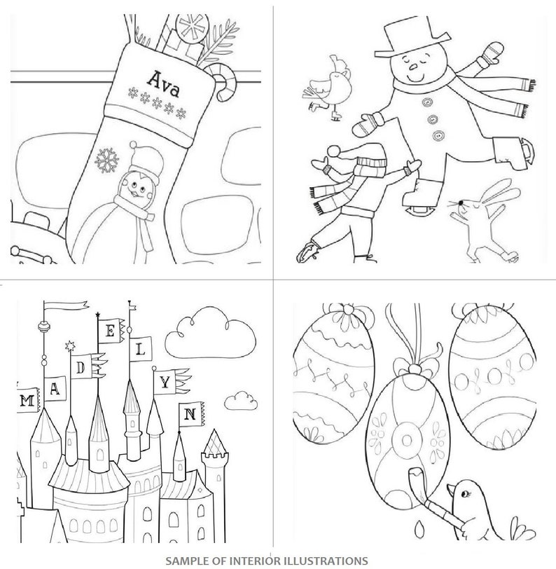 May include: A black and white coloring page featuring four different holiday scenes. The top left scene shows a stocking with a snowman and the name Ava. The top right scene shows a snowman ice skating with a rabbit and a person. The bottom left scene shows a castle with flags that spell out the word "MONDAY". The bottom right scene shows three eggs with a bird holding a paintbrush.