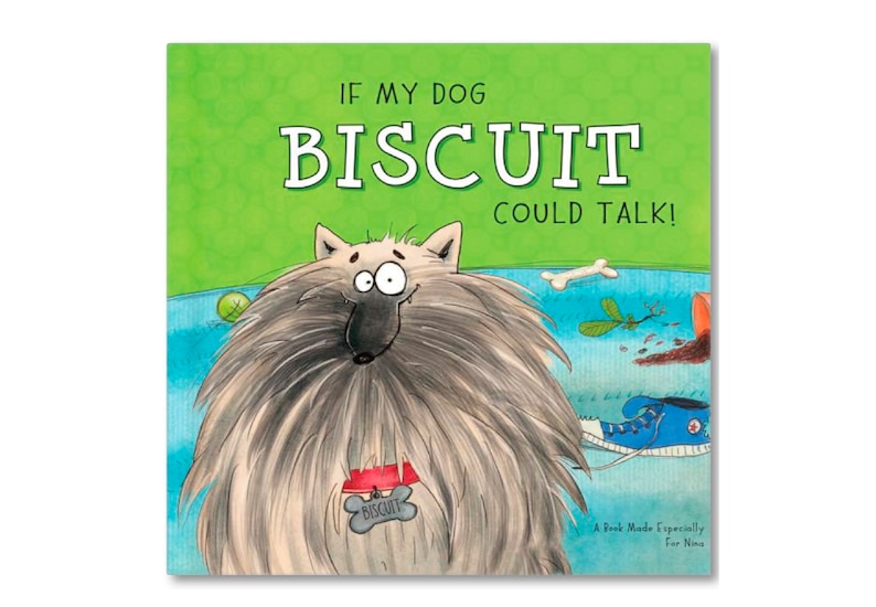 Puede incluir: Una portada de libro verde con el t&iacute;tulo "&iexcl;Si mi perro Biscuit pudiera hablar!" en texto blanco. Un perro de dibujos animados con una larga barba gris aparece en la portada. El perro lleva un collar rojo con una etiqueta que dice "Biscuit".