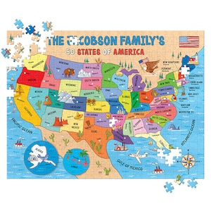 May include: A colorful illustrated map of the United States with each state labeled. The map is divided into 50 sections, one for each state, and each section is colored differently. The map is surrounded by a blue border and includes a compass, a boat, and an airplane. The title of the map is "The Jacobson Family's 50 States of America."