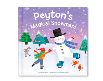 May include: A purple book cover with the title "Peyton's Magical Snowman!"  The cover features a snowman wearing a black top hat and a blue scarf, ice skating with a child.  There are two Christmas trees in the background.
