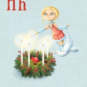 May include: An illustration of a girl lighting candles on a wreath with a dove flying beside her. The letter H and the word "Hope" are also included in the image.