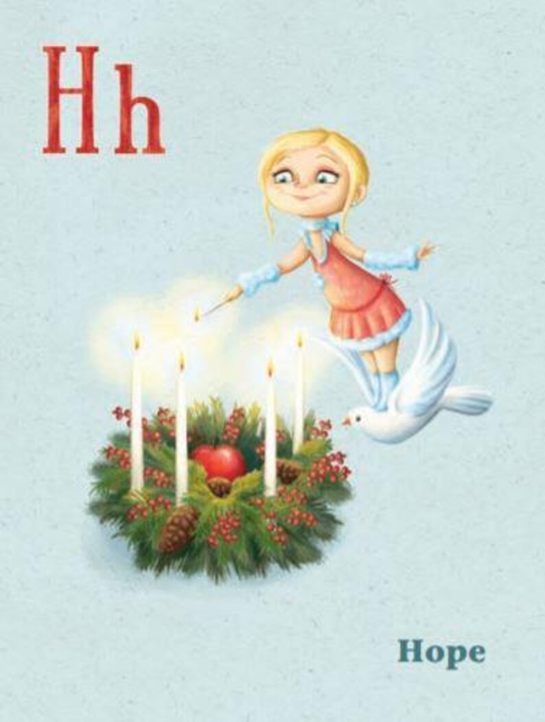 May include: An illustration of a girl lighting candles on a wreath with a dove flying beside her. The letter H and the word "Hope" are also included in the image.
