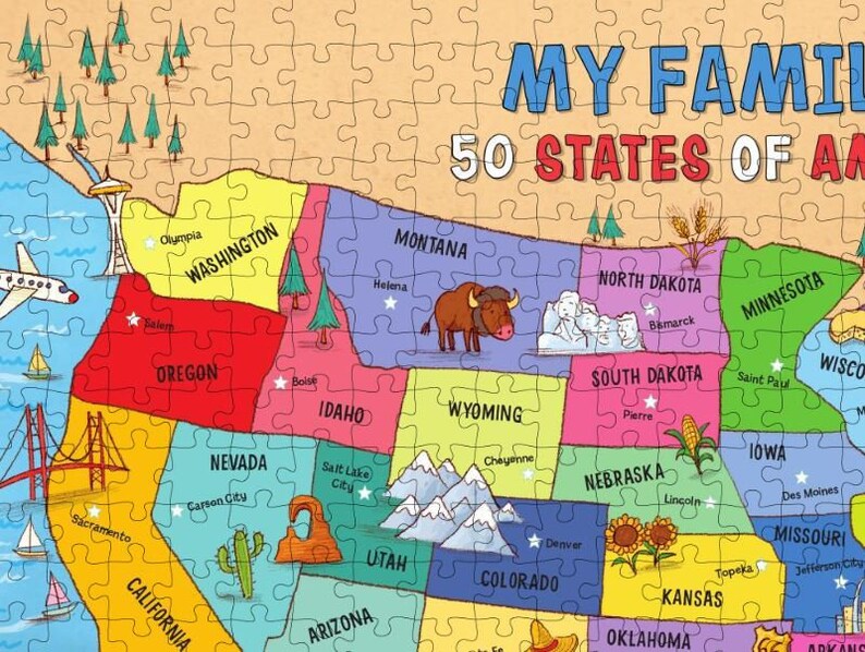 May include: A colorful map of the United States with each state outlined and labeled. The map includes state capitals and landmarks, such as the Golden Gate Bridge, Mount Rushmore, and the Grand Canyon. The title of the map is "My Family 50 States of America."