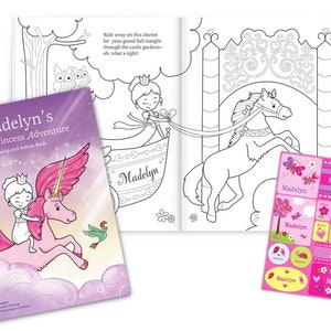 May include: A pink and purple coloring and activity book with a unicorn and a princess on the cover. The title is "Madelyn's Royal Princess Adventure".