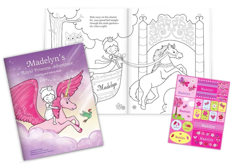 May include: A pink and purple coloring and activity book with a unicorn and a princess on the cover. The title is "Madelyn's Royal Princess Adventure".