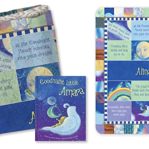 May include: A blue and green patchwork quilt with a book titled "Goodnight Little Amara" and a personalized blue and green patchwork square with the name "Alina". The quilt and square feature a variety of whimsical illustrations and text about the night sky, moon, and stars.