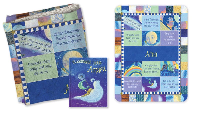 May include: A blue and green patchwork quilt with a book titled "Goodnight Little Amara" and a personalized blue and green patchwork square with the name "Alina". The quilt and square feature a variety of whimsical illustrations and text about the night sky, moon, and stars.