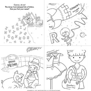 May include: Black and white illustrations of children's book pages. The first page shows a dump truck dumping letters, the second page shows a rocket ship and a dog in a space suit, the third page shows a pig and a child in a cowboy hat, and the fourth page shows a girl holding a dance bag.