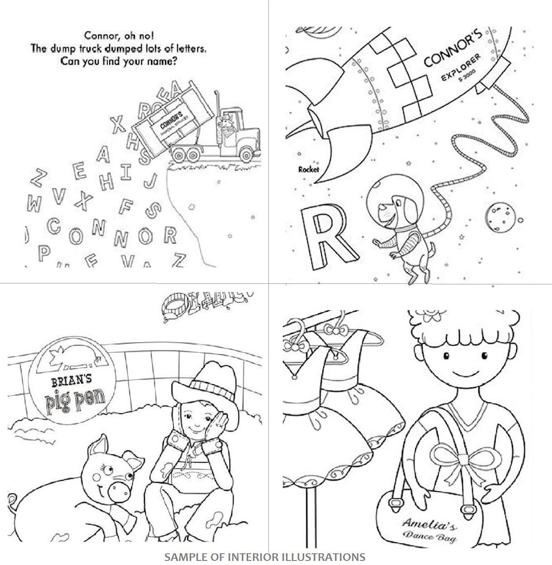 May include: Black and white illustrations of children's book pages. The first page shows a dump truck dumping letters, the second page shows a rocket ship and a dog in a space suit, the third page shows a pig and a child in a cowboy hat, and the fourth page shows a girl holding a dance bag.