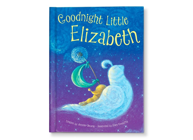 May include: A purple book cover with the title "Goodnight Little Elizabeth" in yellow lettering. The cover features a whimsical illustration of a small, yellow creature riding on a fluffy, white cloud with a dandelion seed blowing in the wind.